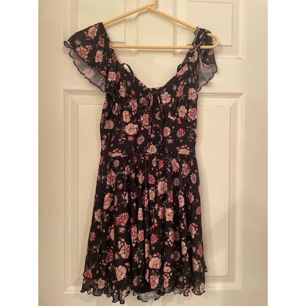 Stitch & Pine Black Floral Smocked Off Shoulder Flutter Sleeve Mini Dress Size S
